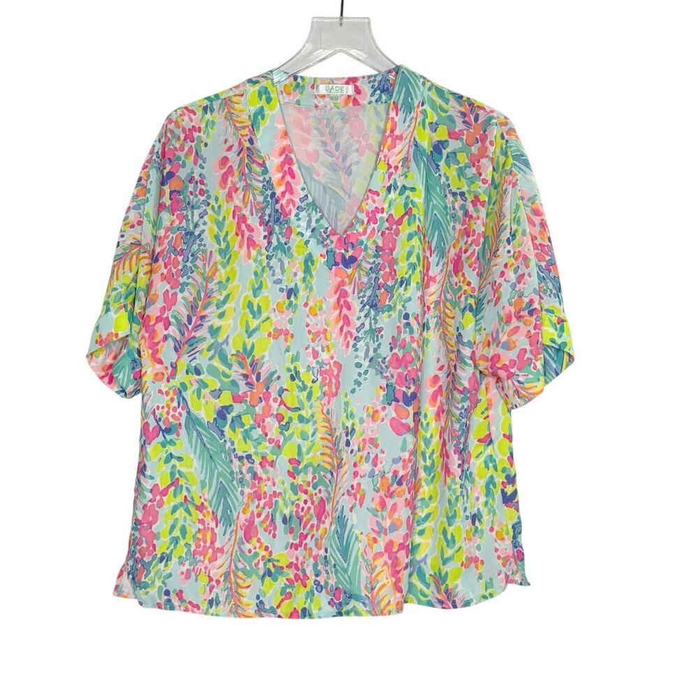 Jade Short Sleeve V Neck Colorful Tropical Floral Print Top S/M Catch the Wave